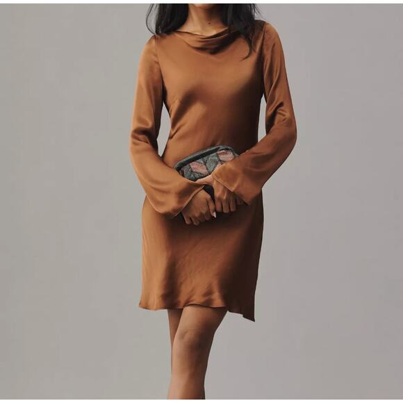 Anthropologie Brown Satin Long Sleeve Mini Dress Cowl Neck Size XL New - Picture 3 of 8